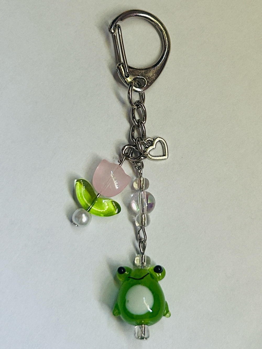 Handmade Cute Green Frog Keychain with Pink Flower Charm